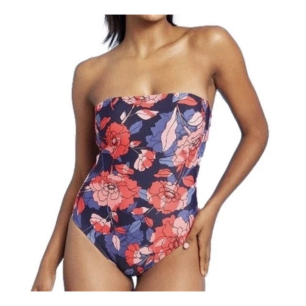 Kona Sol Navy Blue Floral Print Pull On Bandeau One Piece Swimsuit Tie Back Sz L